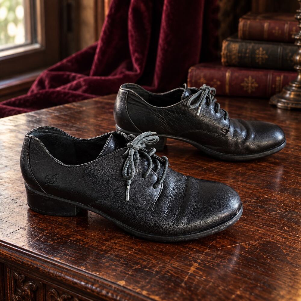 Børn Sz 7.5/EU 38.5 Black Leather Lace-Up Oxfords Whimsygoth Witchy Preppy Shoes